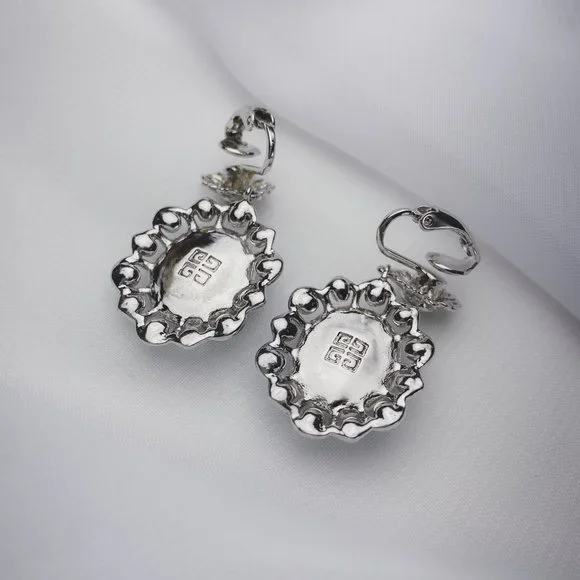 Givenchy Pastel Blue Rhinestone Jewel Flower Oval Silver Dangle Clip Earrings - Picture 4 of 9